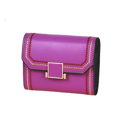 Snap Button Rfid Leather Wallet - Compact Design - Purple