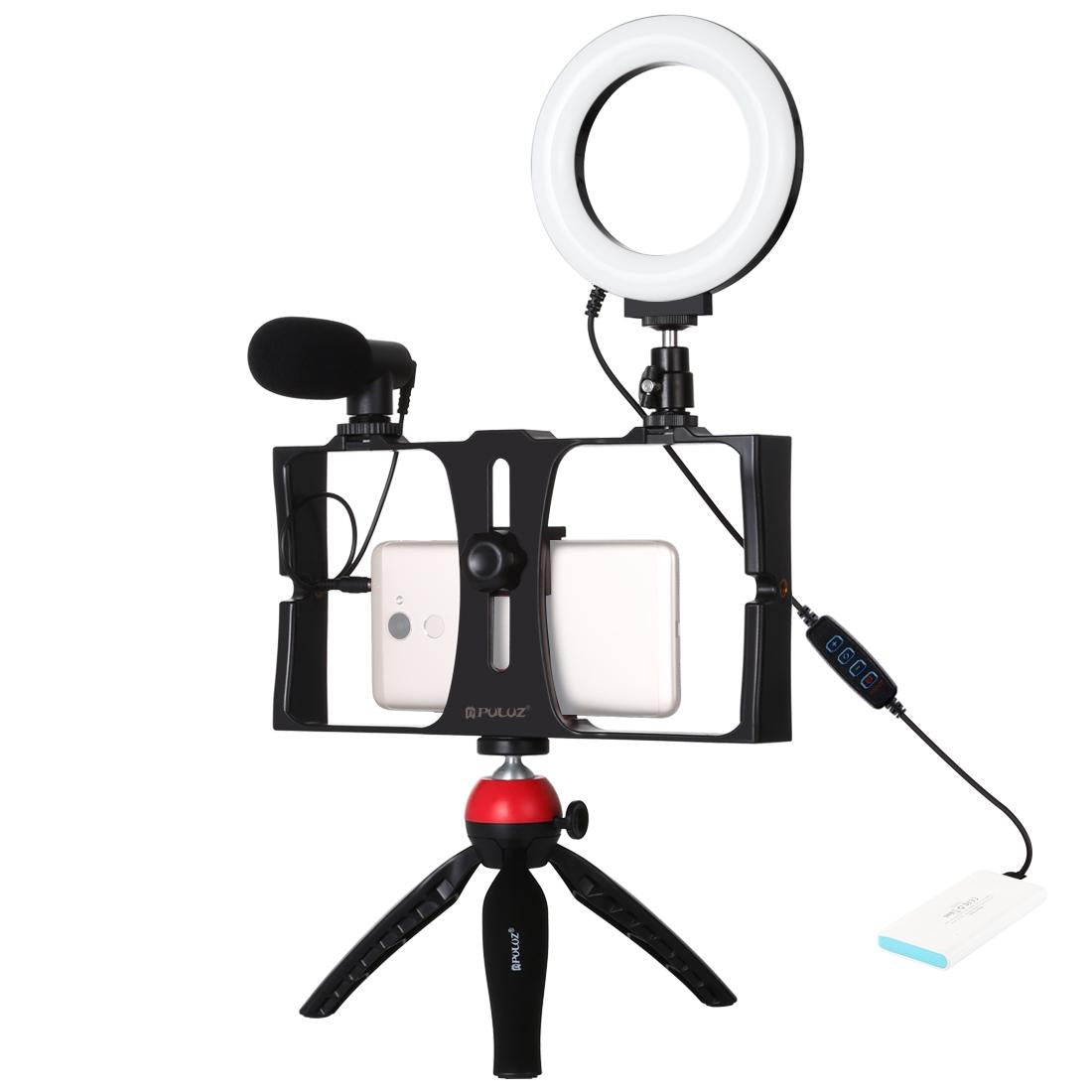 Vlogging Live Broadcast Smartphone Video Rig With Led Selfie Light Microphone Tripod Mount And Cold Shoe Head - Blue - Pkt3025R