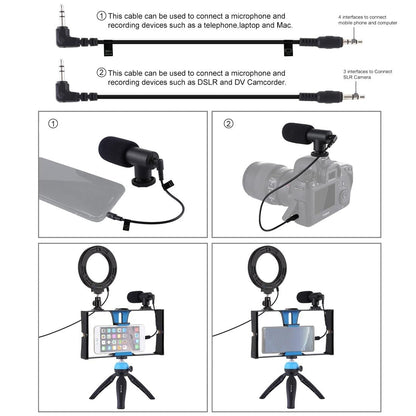 Vlogging Live Broadcast Smartphone Video Rig With Led Selfie Light Microphone Tripod Mount And Cold Shoe Head - Blue - Pkt3025R