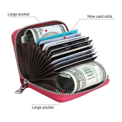 Anti-magnetic Rfid Leather Zip Wallet - Zipper Closure - Rose Red