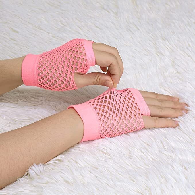 12 Pair Fishnet Gloves Fingerless Wrist Length 70s 80s Costume Party -Light Pink