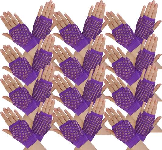 12 Pair Fishnet Gloves Fingerless Wrist Length 70s 80s Costume Party - Purple