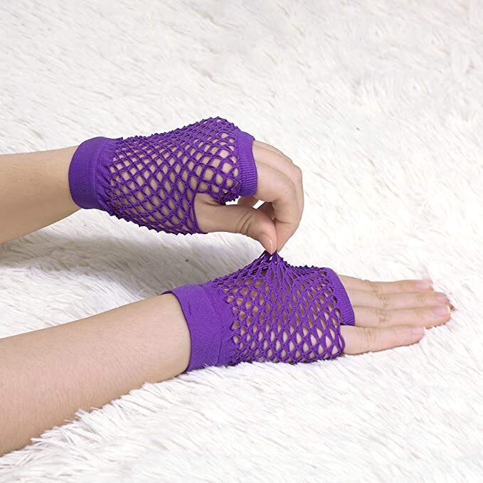 12 Pair Fishnet Gloves Fingerless Wrist Length 70s 80s Costume Party - Purple