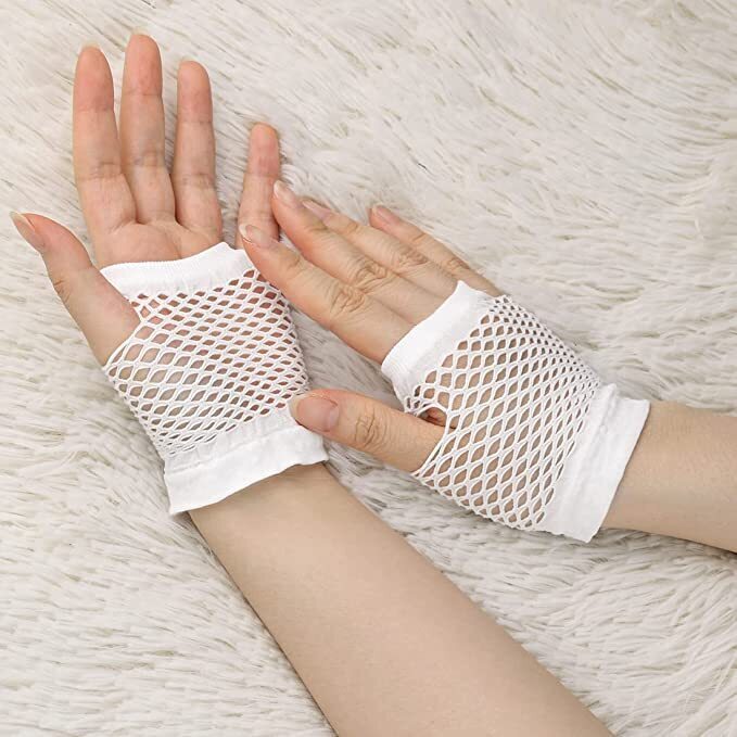 12 Pair Fishnet Gloves Fingerless Wrist Length 70s 80s Costume Party - White