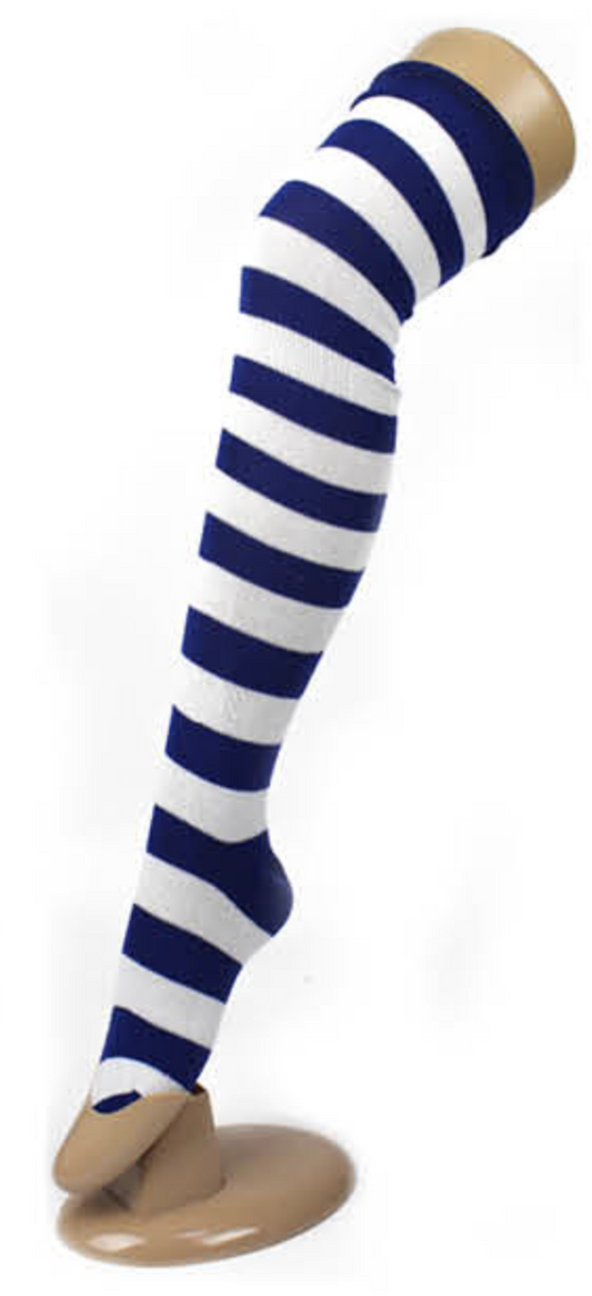 OVER THE KNEE SOCKS Plain Striped High Thigh Ladies Long Womens Stripey Stocking - Blue/White