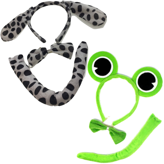 2pc Set Animal Headband w Bow Tail Dog + Frog Ears Hair Costume Halloween Party