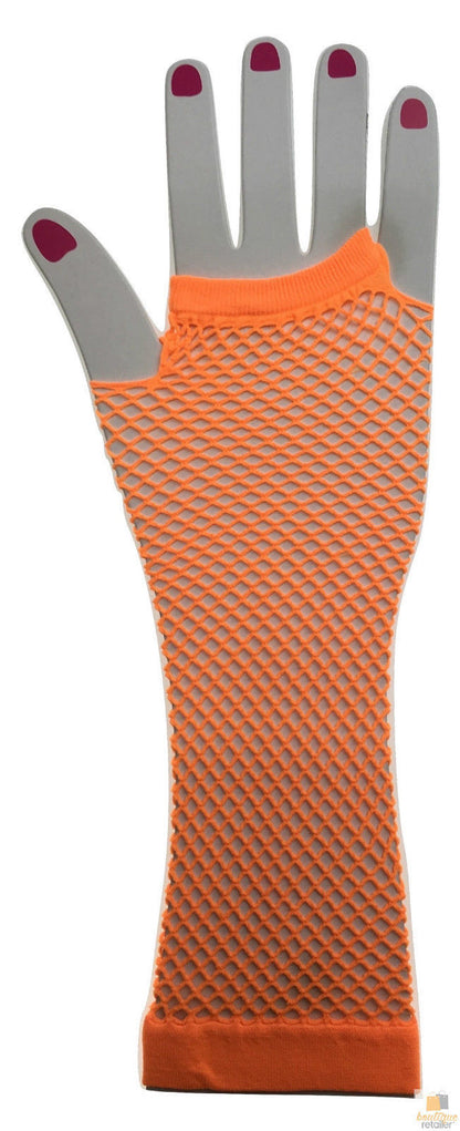 FISHNET GLOVES Fingerless Elbow Length 70s 80s Womens Costume Party Dance - Orange - One Size