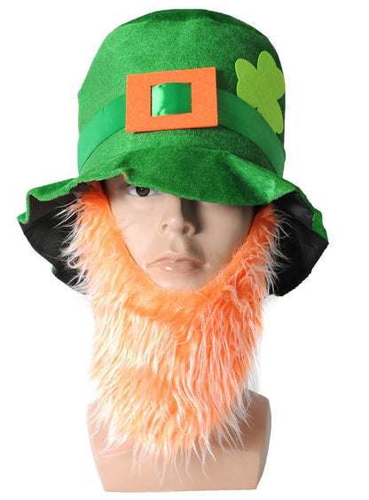 St Patricks Day Green Top Hat w/ Beard Iris Party Dress Up Ireland Halloween Cap