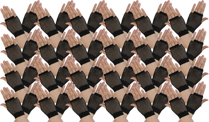 24 Pair Fishnet Gloves Fingerless Wrist Length 70s 80s Costume Party - Black