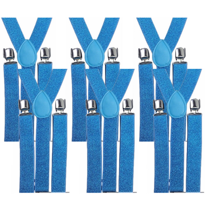 6x Mens Suspenders Braces Adjustable Strong Clip On Elastic Formal Wedding BULK - Sky Blue (Glitter)