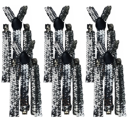 6x Mens Suspenders Braces Adjustable Strong Clip On Elastic Formal Wedding BULK - Silver (Sequin)