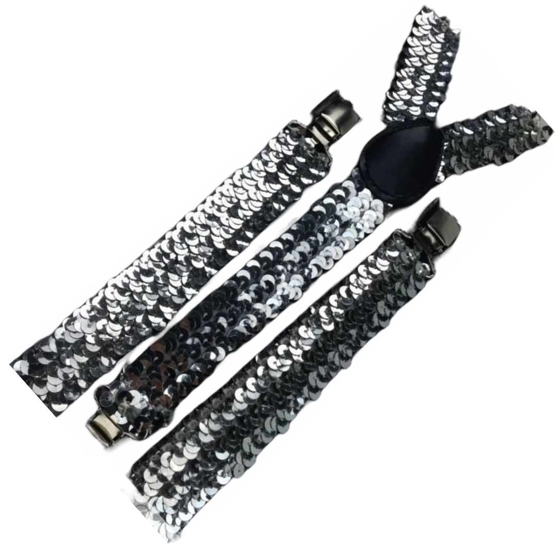 6x Mens Suspenders Braces Adjustable Strong Clip On Elastic Formal Wedding BULK - Silver (Sequin)