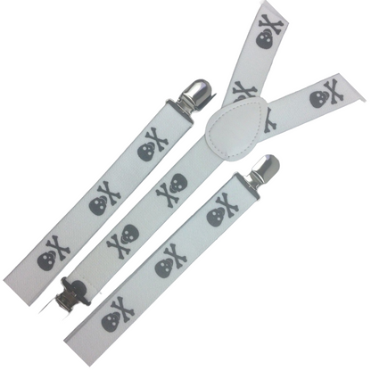 6x Mens Suspenders Braces Adjustable Strong Clip On Elastic Formal Wedding BULK - White with Black Skulls