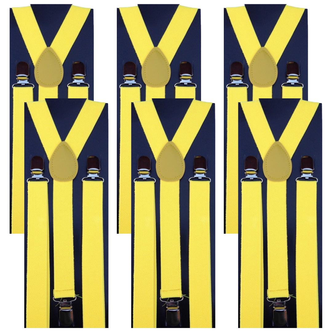 6x Mens Suspenders Braces Adjustable Strong Clip On Elastic Formal Wedding BULK - Yellow