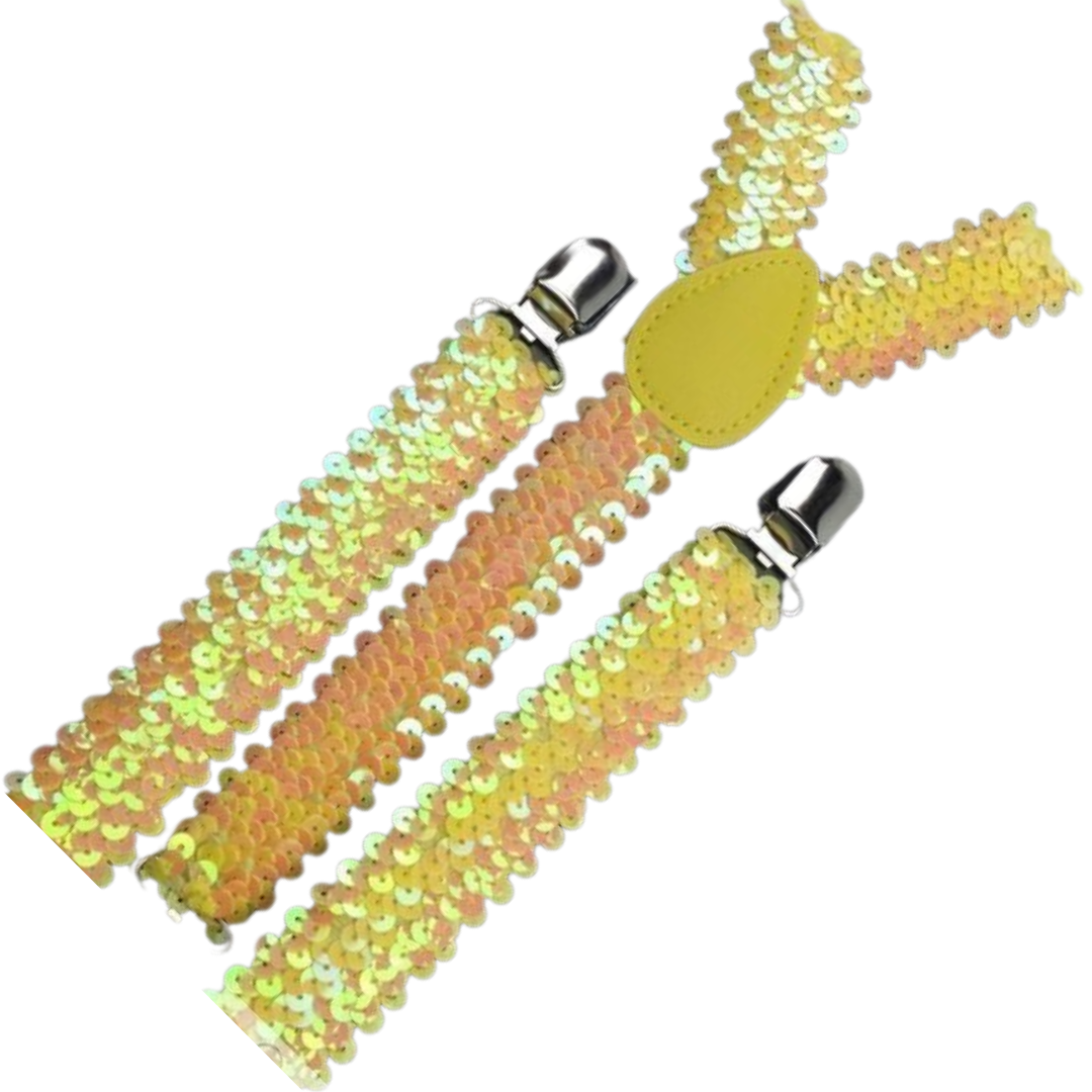 6x Mens Suspenders Braces Adjustable Strong Clip On Elastic Formal Wedding BULK - Yellow (Sequin)