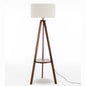 Natural Wooden Tripod Floor Lamp w/ Round Shelf + Off White Linen Shade - Cherry