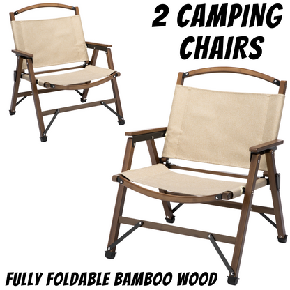 2x Bamboo Foldable Outdoor Camping Chair Wooden Travel Picnic Park Folding - Khaki/Beige