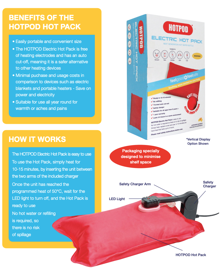 HOTPOD Electric Hot Pack Water Bottle Reheat-able Pillow Pad Sleep Aid - Safety Approved