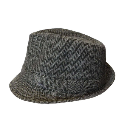 CLASSIC TRILBY HAT Fedora Felt Cap Costume Gangster in Herringbone Charcoal