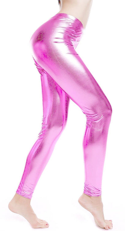 DELUXE METALLIC LEGGINGS Shiny Neon Stretch Dance Costume Fancy Dress Party - Light Pink