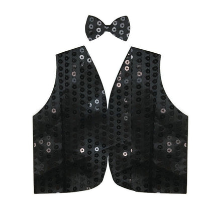 Mens SEQUIN VEST Dance Costume Party Coat Disco Accessory Sparkle Waistcoat - Black