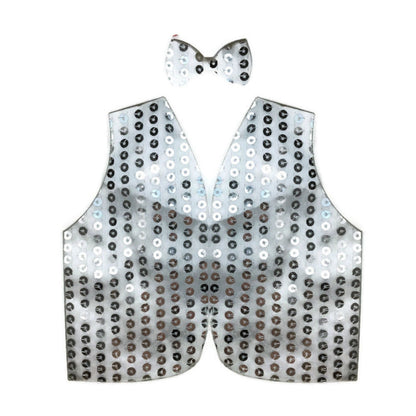 Mens SEQUIN VEST Dance Costume Party Coat Disco Accessory Sparkle Waistcoat - Silver