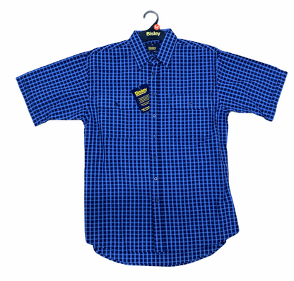 Bisley Mens Short Sleeve Seersucker Shirt Checkered Cotton Blend Casual Business Work - Blue - M