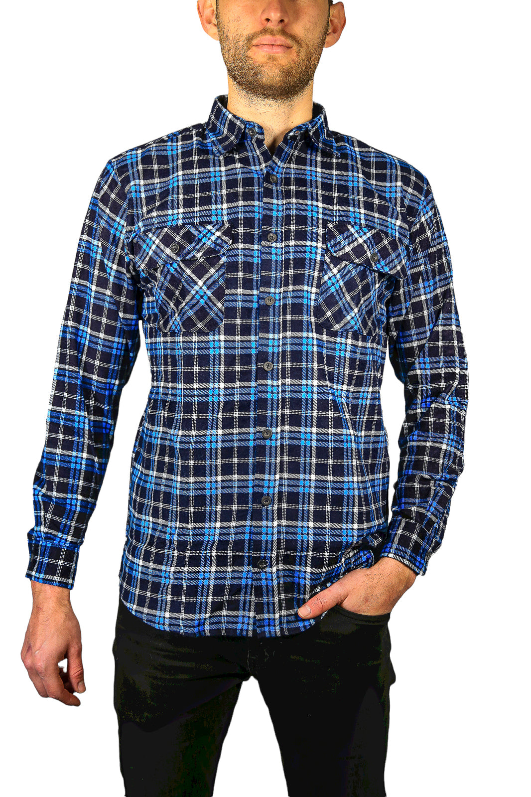 Mens Flannelette Long Sleeve Shirt 100% Cotton Check Authentic Flannel - Full Placket - Turquoise/Black - 3XL