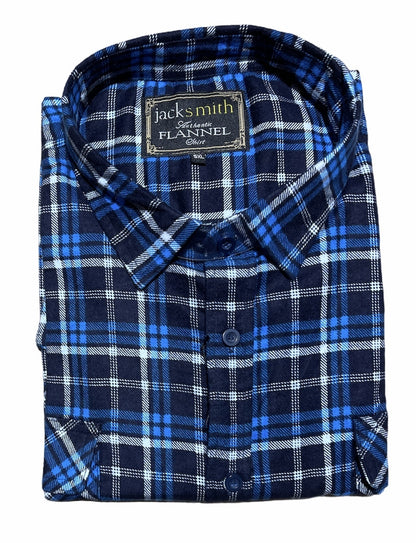 Mens Flannelette Long Sleeve Shirt 100% Cotton Check Authentic Flannel - Full Placket - Turquoise/Black - L