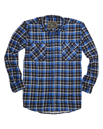 Mens Flannelette Long Sleeve Shirt 100% Cotton Check Authentic Flannel - Full Placket - Turquoise/Black - M