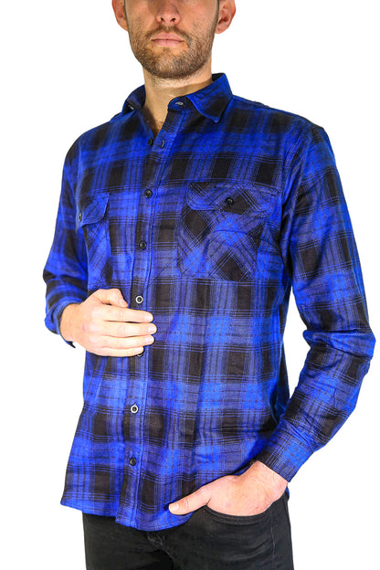 Mens Flannelette Long Sleeve Shirt 100% Cotton Check Authentic Flannel - Full Placket - Royal Blue - M