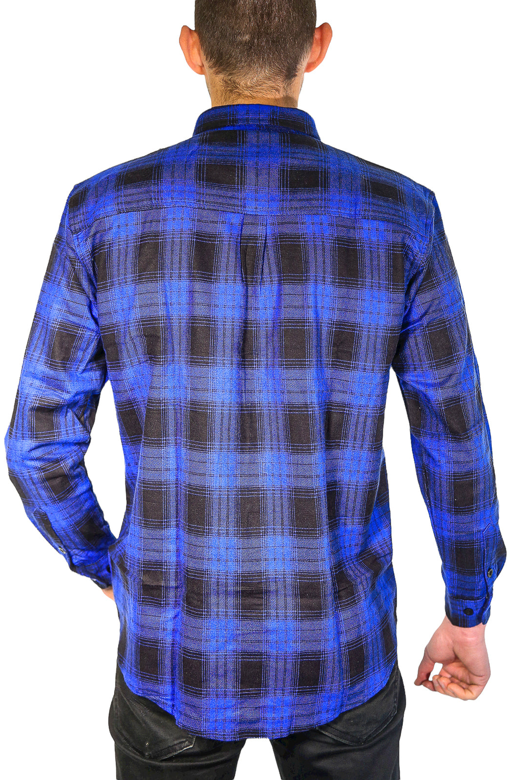 Mens Flannelette Long Sleeve Shirt 100% Cotton Check Authentic Flannel - Full Placket - Royal Blue - XL