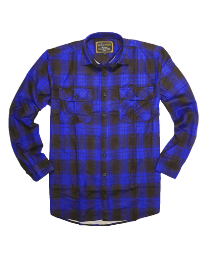 Mens Flannelette Long Sleeve Shirt 100% Cotton Check Authentic Flannel - Full Placket - Royal Blue - XL