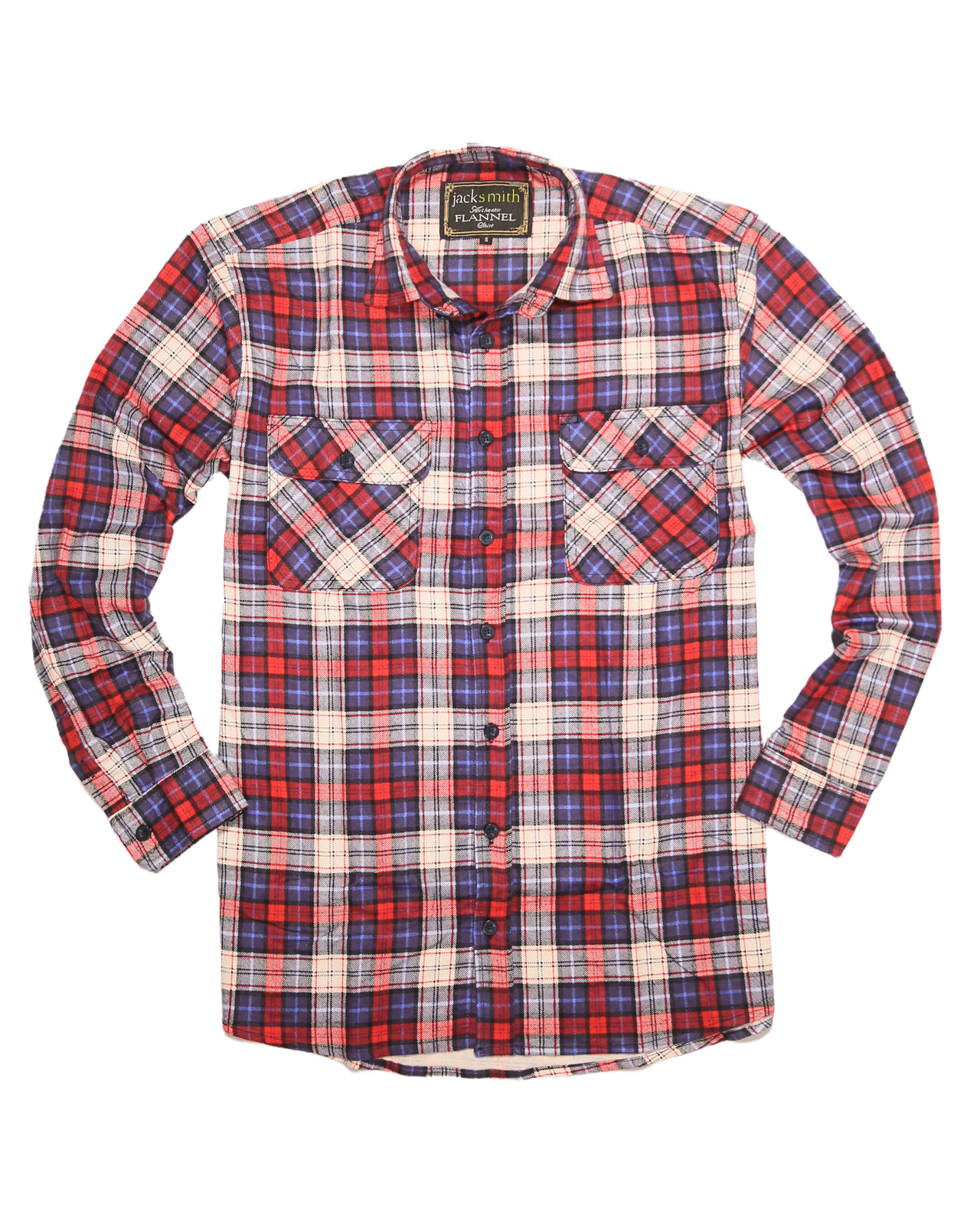 Mens Flannelette Long Sleeve Shirt 100% Cotton Check Authentic Flannel - Full Placket - Navy/Red/White - L