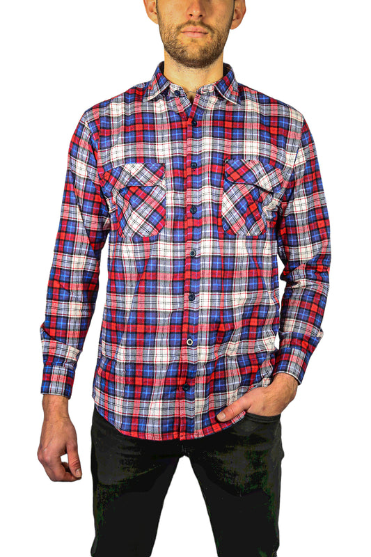 Mens Flannelette Long Sleeve Shirt 100% Cotton Check Authentic Flannel - Full Placket - Navy/Red/White - M