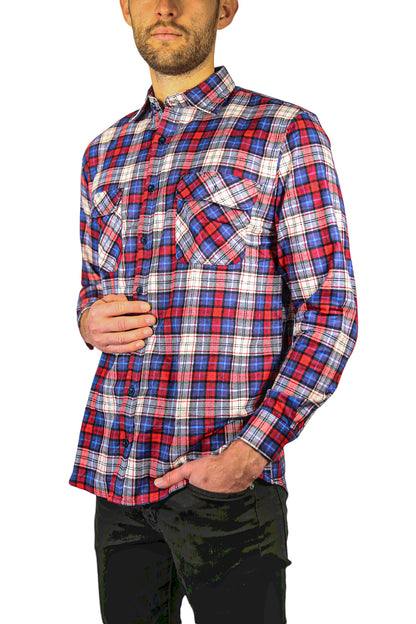 Mens Flannelette Long Sleeve Shirt 100% Cotton Check Authentic Flannel - Full Placket - Navy/Red/White - XXL