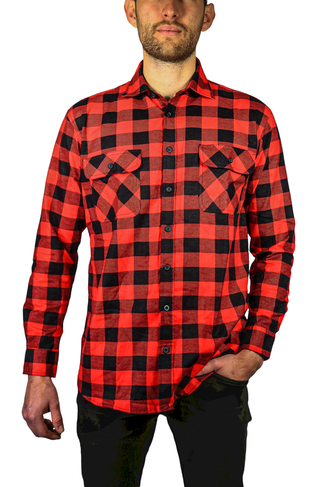 Mens 100% Cotton Flannelette Shirt Long Sleeve Check Authentic Flannel - Red/Black - 4XL