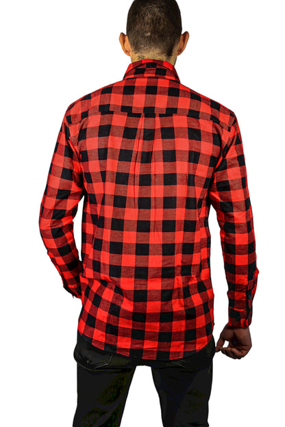 Mens 100% Cotton Flannelette Shirt Long Sleeve Check Authentic Flannel - Red/Black - L