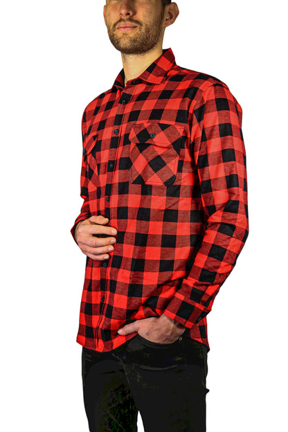 Mens 100% Cotton Flannelette Shirt Long Sleeve Check Authentic Flannel - Red/Black - L