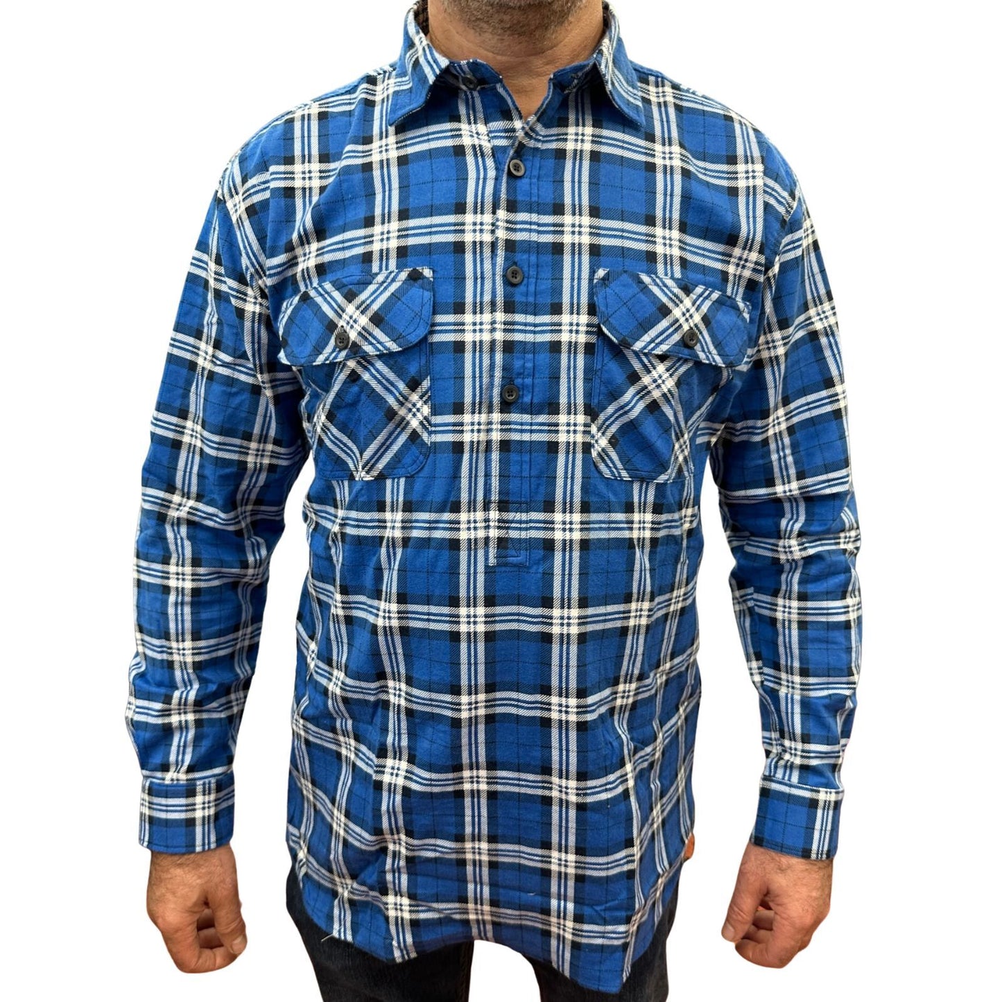 Mens Flannelette Long Sleeve Pullover Shirt 100% Cotton Flannel - Half Placket - Navy - 6XL