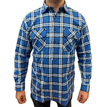 Mens Flannelette Long Sleeve Pullover Shirt 100% Cotton Flannel - Half Placket - Navy - 6XL