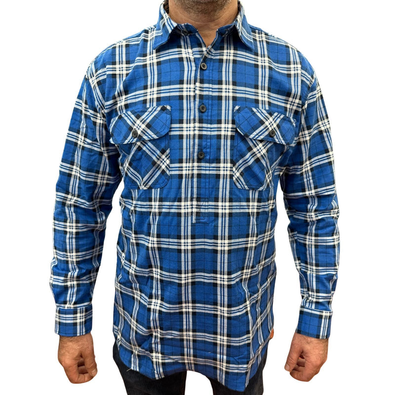 Mens Flannelette Long Sleeve Pullover Shirt 100% Cotton Flannel - Half Placket - Navy - 6XL