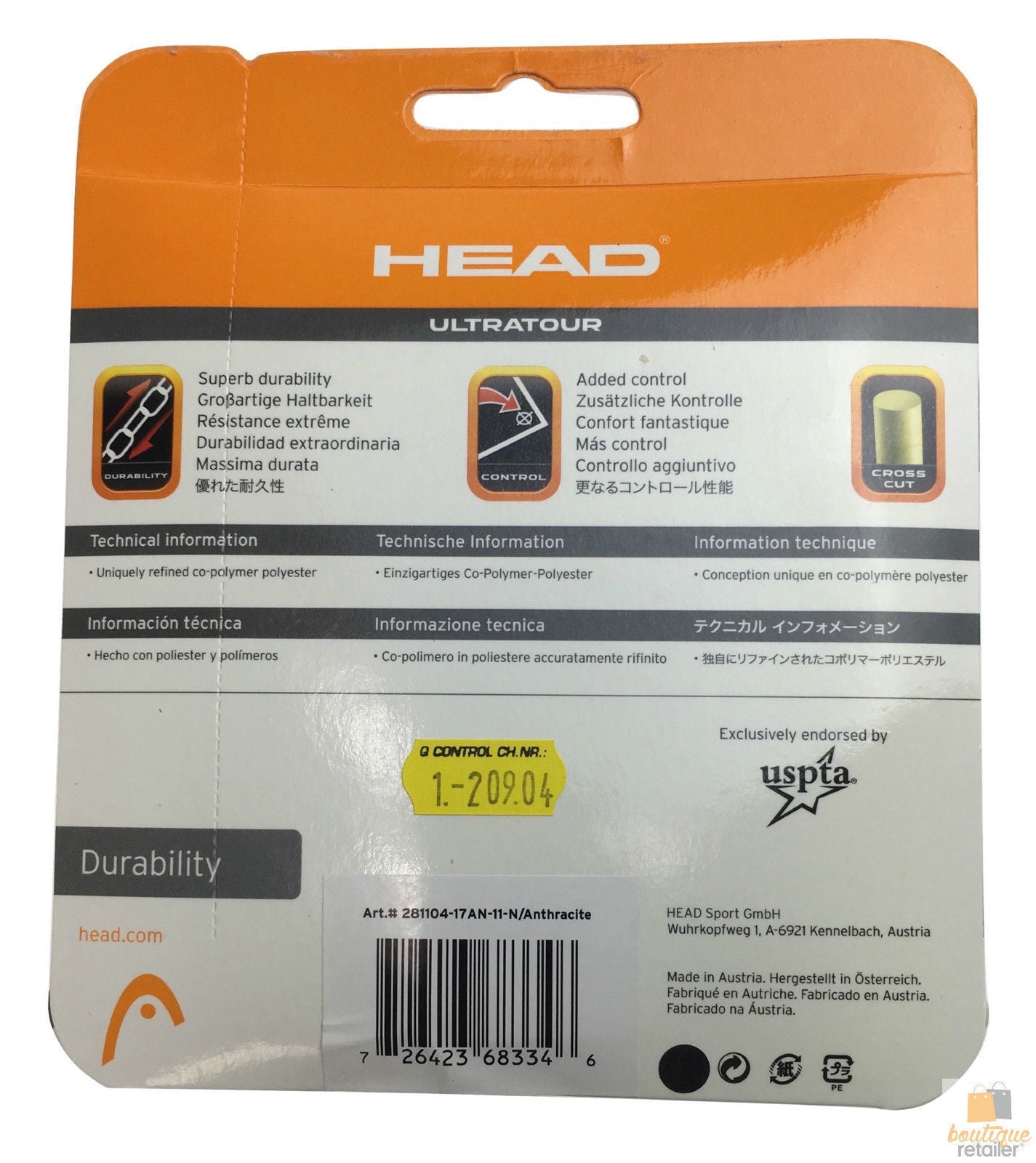 HEAD Ultratour 17g 1.20mm Tennis Racquet String 12m Durability Control Grey New