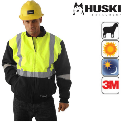 HUSKI Site Mens Hi Vis Wool Blend Bomber Jacket 3M Reflective Tape High Visibility - Yellow/Navy - 4XL