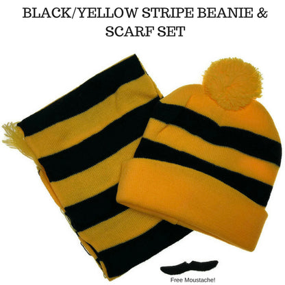 Tigers Beanie Hat & Scarf Set Party Costume w Moustache Warm Winter - Black/Yellow Stripe