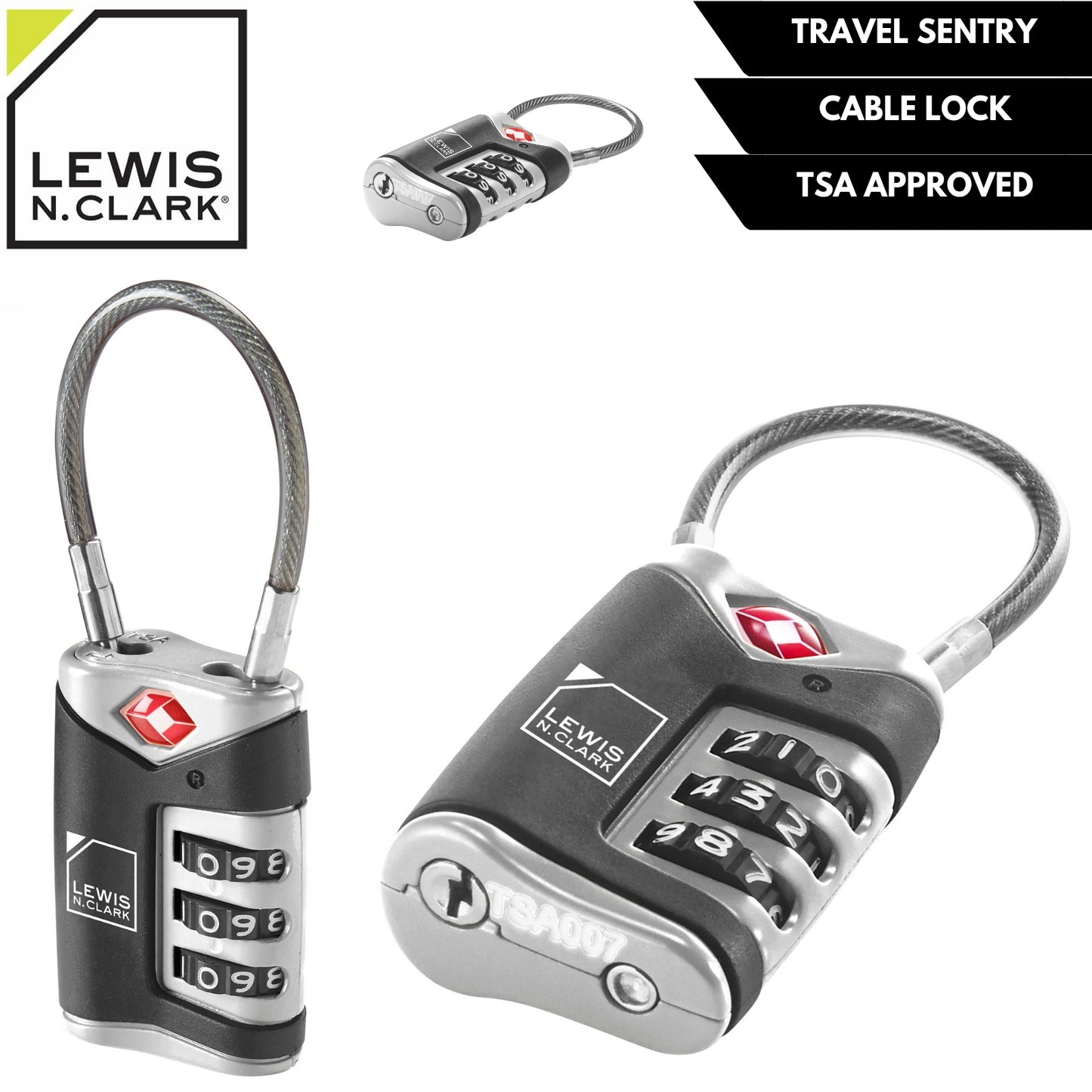 Lewis N. Clark TSA Approved Easy Set Combination Luggage Lock w Steel Cable