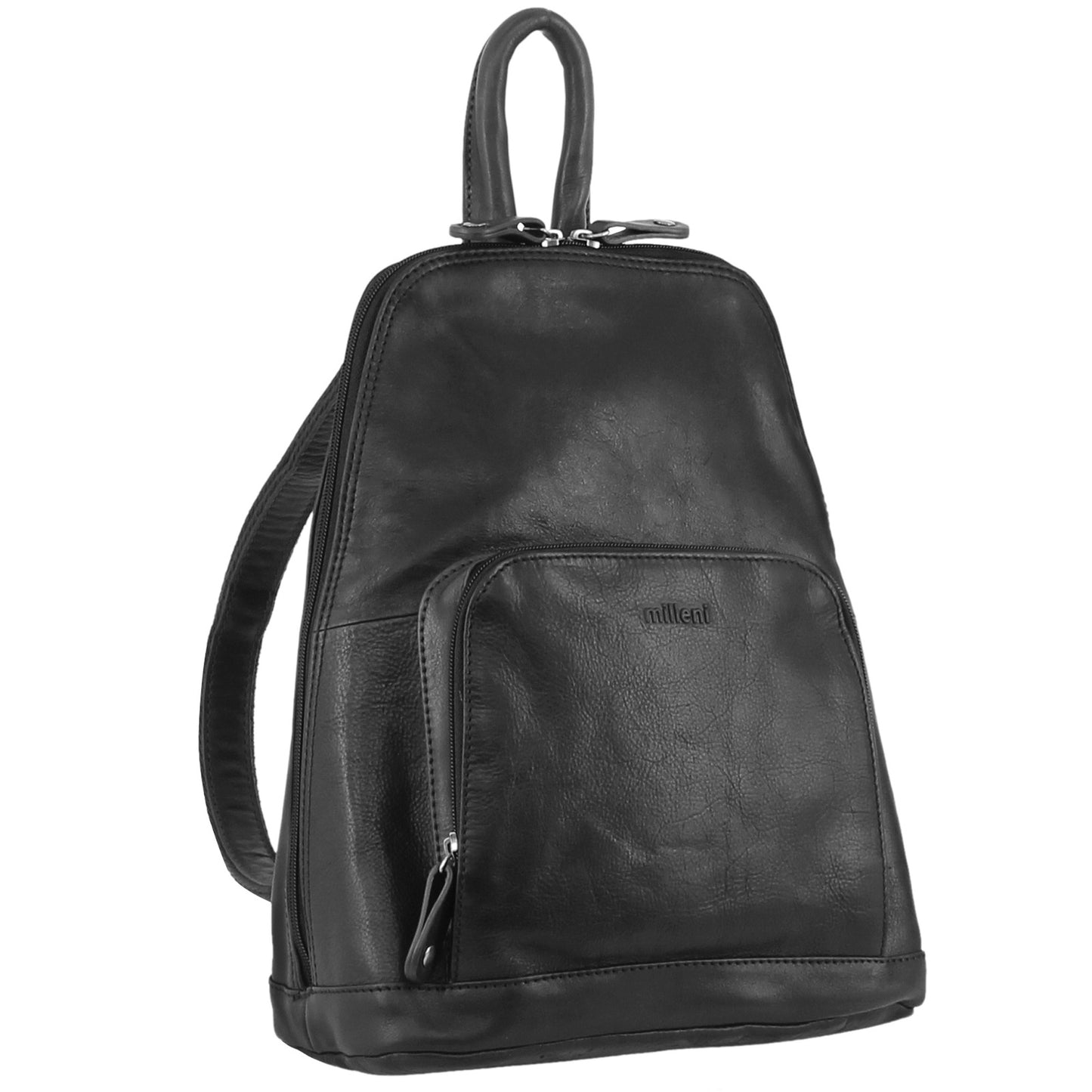 Milleni Womens Twin Zip Backpack Nappa Italian Leather Travel Bag - Black