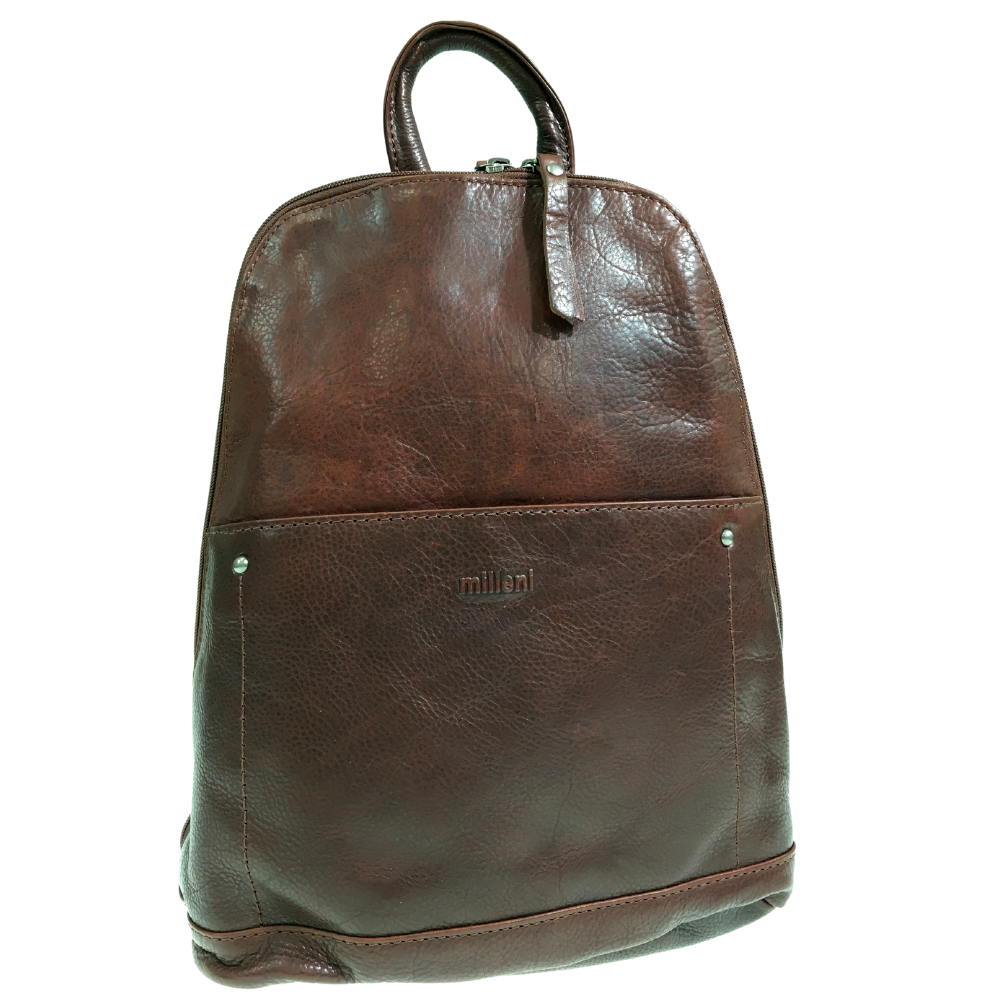 Milleni Ladies Genuine Italian Leather Backpack Bag Twin Zip - Chestnut