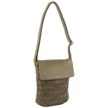 Pierre Cardin Leather Perforated Cross-Body Bag with Flap Closure - Olive