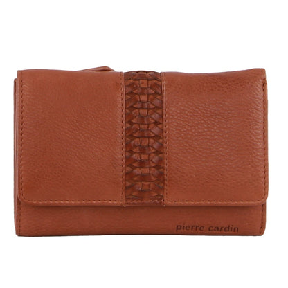 Pierre Cardin Leather Ladies Woven Design Tri-Fold Wallet in Tan